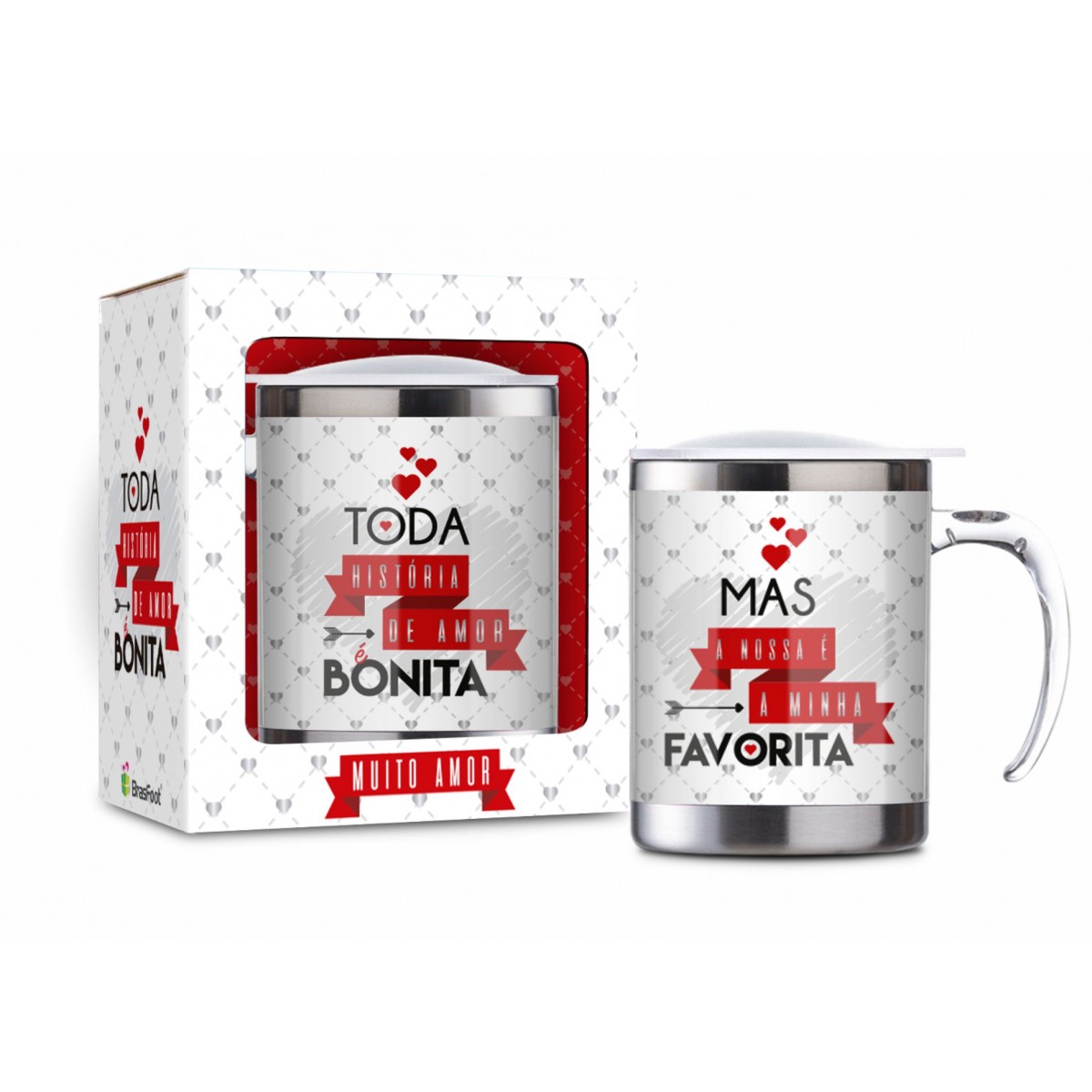 Caneca plástica Inox Toda história de amor é bonita Brasfoot unid.