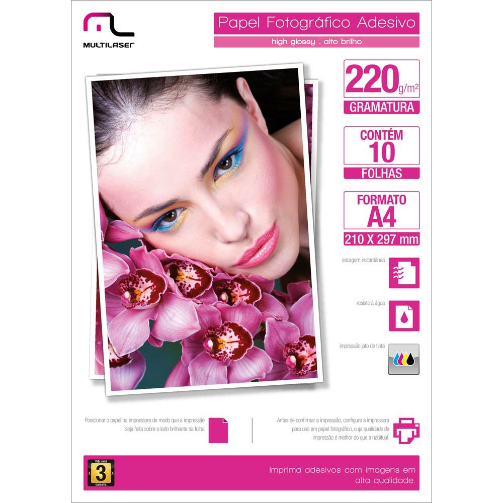 Papel Glossy Paper Adesivo A4 210 x 297 220g pacote com 10 folhas Multilaser PE001 unid.