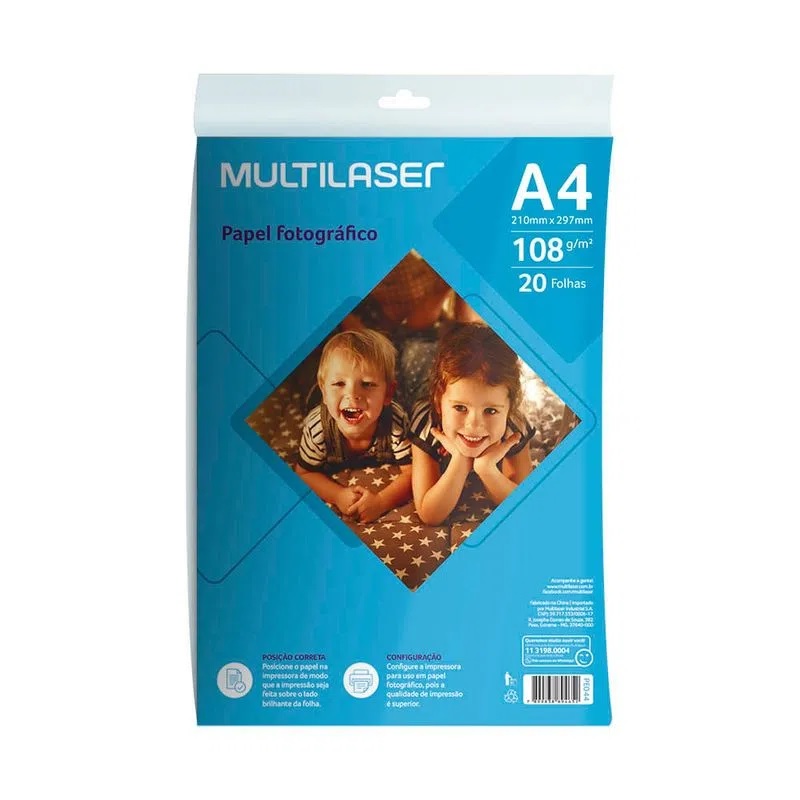 PAPEL FOTOGRAFICO A4 MATTE 108G MULTILASER PCT 20 UND